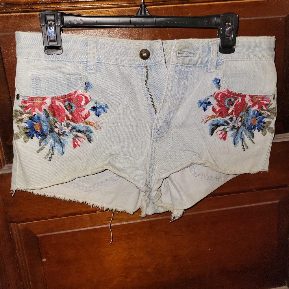 Element Blue and Red Jean Shorts with Floral Embroidery
